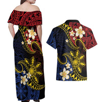 Philippines Spirit Tribal Sun Plumeria Couples Matching Off Shoulder Maxi Dress and Hawaiian Shirt Red And Blue Polynesian Pattern LT01 - Polynesian Pride