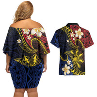 Philippines Spirit Tribal Sun Plumeria Couples Matching Off Shoulder Short Dress and Hawaiian Shirt Red And Blue Polynesian Pattern LT01 - Polynesian Pride