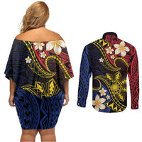 Philippines Spirit Tribal Sun Plumeria Couples Matching Off Shoulder Short Dress and Long Sleeve Button Shirt Red And Blue Polynesian Pattern LT01 - Polynesian Pride