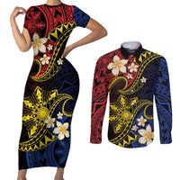 Philippines Spirit Tribal Sun Plumeria Couples Matching Short Sleeve Bodycon Dress and Long Sleeve Button Shirt Red And Blue Polynesian Pattern LT01 Black - Polynesian Pride
