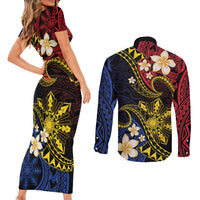 Philippines Spirit Tribal Sun Plumeria Couples Matching Short Sleeve Bodycon Dress and Long Sleeve Button Shirt Red And Blue Polynesian Pattern LT01 - Polynesian Pride