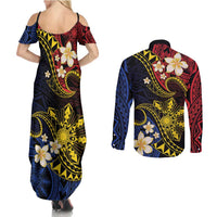 Philippines Spirit Tribal Sun Plumeria Couples Matching Summer Maxi Dress and Long Sleeve Button Shirt Red And Blue Polynesian Pattern LT01 - Polynesian Pride