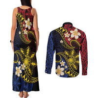 Philippines Spirit Tribal Sun Plumeria Couples Matching Tank Maxi Dress and Long Sleeve Button Shirt Red And Blue Polynesian Pattern LT01 - Polynesian Pride