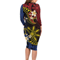 Philippines Spirit Tribal Sun Plumeria Family Matching Long Sleeve Bodycon Dress and Hawaiian Shirt Red And Blue Polynesian Pattern LT01 - Polynesian Pride