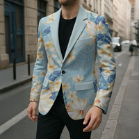 Hawaii Hibiscus Plumeria Blue Blazer Polynesian Pattern