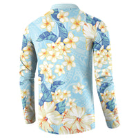 Hawaii Hibiscus Plumeria Blue Button Sweatshirt Polynesian Pattern