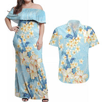 Hawaii Hibiscus Plumeria Blue Couples Matching Off Shoulder Maxi Dress and Hawaiian Shirt Polynesian Pattern