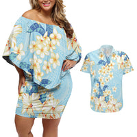 Hawaii Hibiscus Plumeria Blue Couples Matching Off Shoulder Short Dress and Hawaiian Shirt Polynesian Pattern