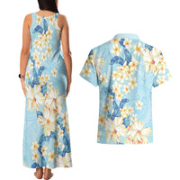 Hawaii Hibiscus Plumeria Blue Couples Matching Tank Maxi Dress and Hawaiian Shirt Polynesian Pattern