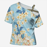 Hawaii Hibiscus Plumeria Blue Cross Shoulder Shirt Polynesian Pattern