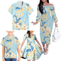 Hawaii Hibiscus Plumeria Blue Family Matching Off The Shoulder Long Sleeve Dress and Hawaiian Shirt Polynesian Pattern LT01 - Polynesian Pride