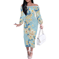 Hawaii Hibiscus Plumeria Blue Family Matching Off The Shoulder Long Sleeve Dress and Hawaiian Shirt Polynesian Pattern LT01 Mom's Dress Blue - Polynesian Pride