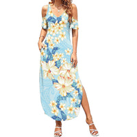 Hawaii Hibiscus Plumeria Blue Family Matching Summer Maxi Dress and Hawaiian Shirt Polynesian Pattern LT01 Mom's Dress Blue - Polynesian Pride