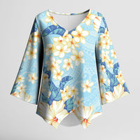 Hawaii Hibiscus Plumeria Blue Kimono Sleeve Blouse Polynesian Pattern