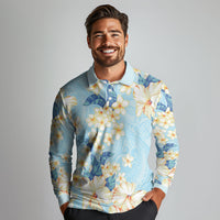 Hawaii Hibiscus Plumeria Blue Long Sleeve Polo Shirt Polynesian Pattern