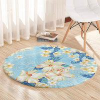 Hawaii Hibiscus Plumeria Blue Round Carpet Polynesian Pattern