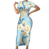 Hawaii Hibiscus Plumeria Blue Short Sleeve Bodycon Dress Polynesian Pattern