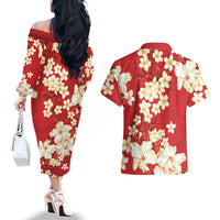 Hawaii Hibiscus Plumeria Red Couples Matching Off The Shoulder Long Sleeve Dress and Hawaiian Shirt Polynesian Pattern LT01 - Polynesian Pride