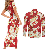 Hawaii Hibiscus Plumeria Red Couples Matching Short Sleeve Bodycon Dress and Long Sleeve Button Shirt Polynesian Pattern