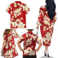 Hawaii Hibiscus Plumeria Red Family Matching Off The Shoulder Long Sleeve Dress and Hawaiian Shirt Polynesian Pattern LT01 - Polynesian Pride