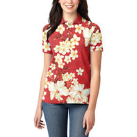 Hawaii Hibiscus Plumeria Red Women Polo Shirt Polynesian Pattern