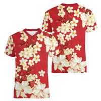 Hawaii Hibiscus Plumeria Red Women V-Neck T-Shirt Polynesian Pattern