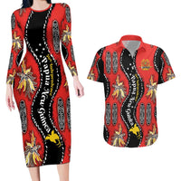 Papua New Guinea 50th Independence Couples Matching Long Sleeve Bodycon Dress and Hawaiian Shirt PNG Batik Pattern LT01 Red - Polynesian Pride