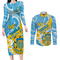 Personalised Tuvalu Independence Day Couples Matching Long Sleeve Bodycon Dress and Long Sleeve Button Shirts Plumeria 45th Anniversary LT01 Blue - Polynesian Pride