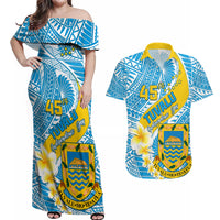 Personalised Tuvalu Independence Day Couples Matching Off Shoulder Maxi Dress and Hawaiian Shirt Plumeria 45th Anniversary LT01 Blue - Polynesian Pride