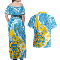 Personalised Tuvalu Independence Day Couples Matching Off Shoulder Maxi Dress and Hawaiian Shirt Plumeria 45th Anniversary LT01 - Polynesian Pride