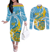 Personalised Tuvalu Independence Day Couples Matching Off The Shoulder Long Sleeve Dress and Long Sleeve Button Shirts Plumeria 45th Anniversary LT01 Blue - Polynesian Pride