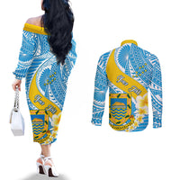 Personalised Tuvalu Independence Day Couples Matching Off The Shoulder Long Sleeve Dress and Long Sleeve Button Shirts Plumeria 45th Anniversary LT01 - Polynesian Pride