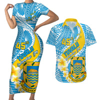 Personalised Tuvalu Independence Day Couples Matching Short Sleeve Bodycon Dress and Hawaiian Shirt Plumeria 45th Anniversary LT01 Blue - Polynesian Pride