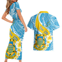 Personalised Tuvalu Independence Day Couples Matching Short Sleeve Bodycon Dress and Hawaiian Shirt Plumeria 45th Anniversary LT01 - Polynesian Pride