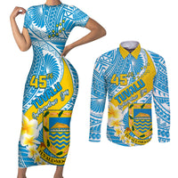 Personalised Tuvalu Independence Day Couples Matching Short Sleeve Bodycon Dress and Long Sleeve Button Shirts Plumeria 45th Anniversary LT01 Blue - Polynesian Pride