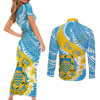 Personalised Tuvalu Independence Day Couples Matching Short Sleeve Bodycon Dress and Long Sleeve Button Shirts Plumeria 45th Anniversary LT01 - Polynesian Pride