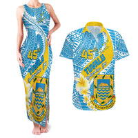 Personalised Tuvalu Independence Day Couples Matching Tank Maxi Dress and Hawaiian Shirt Plumeria 45th Anniversary LT01 Blue - Polynesian Pride