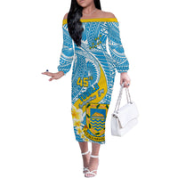 Personalised Tuvalu Independence Day Family Matching Off Shoulder Long Sleeve Dress and Hawaiian Shirt Plumeria 45th Anniversary LT01 Mom's Dress Blue - Polynesian Pride
