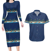 Hawaii Santa Riding Sea Turtle Couples Matching Long Sleeve Bodycon Dress and Hawaiian Shirt Mele Kalikimaka Polynesian Pattern LT01 Blue - Polynesian Pride