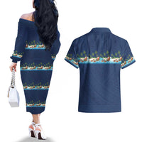Hawaii Santa Riding Sea Turtle Couples Matching Off The Shoulder Long Sleeve Dress and Hawaiian Shirt Mele Kalikimaka Polynesian Pattern LT01 - Polynesian Pride