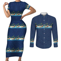 Hawaii Santa Riding Sea Turtle Couples Matching Short Sleeve Bodycon Dress and Long Sleeve Button Shirt Mele Kalikimaka Polynesian Pattern LT01 Blue - Polynesian Pride