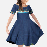 Hawaii Santa Riding Sea Turtle Family Matching Off Shoulder Maxi Dress and Hawaiian Shirt Mele Kalikimaka Polynesian Pattern LT01 Daughter's Dress Blue - Polynesian Pride