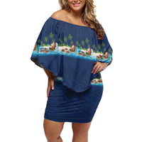 Hawaii Santa Riding Sea Turtle Family Matching Off Shoulder Short Dress and Hawaiian Shirt Mele Kalikimaka Polynesian Pattern LT01 Mom's Dress Blue - Polynesian Pride