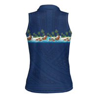 Hawaii Santa Riding Sea Turtle Women Sleeveless Polo Shirt Mele Kalikimaka Polynesian Pattern - Polynesian Pride