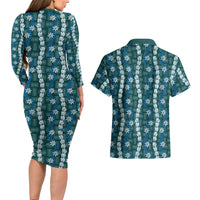 Pikake Maile Tiare Lei Couples Matching Long Sleeve Bodycon Dress and Hawaiian Shirt Polu Lauhala Pattern