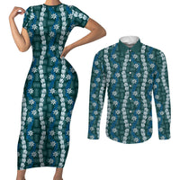 Pikake Maile Tiare Lei Couples Matching Short Sleeve Bodycon Dress and Long Sleeve Button Shirt Polu Lauhala Pattern