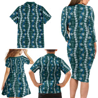 Pikake Maile Tiare Lei Family Matching Long Sleeve Bodycon Dress and Hawaiian Shirt Polu Lauhala Pattern LT01 - Polynesian Pride