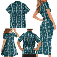 Pikake Maile Tiare Lei Family Matching Short Sleeve Bodycon Dress and Hawaiian Shirt Polu Lauhala Pattern LT01 - Polynesian Pride