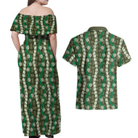 Pikake Maile Tiare Lei Couples Matching Off Shoulder Maxi Dress and Hawaiian Shirt Omaomao Lauhala Pattern