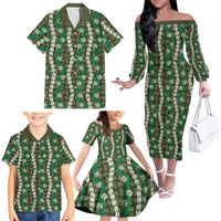 Pikake Maile Tiare Lei Family Matching Off The Shoulder Long Sleeve Dress and Hawaiian Shirt Omaomao Lauhala Pattern LT01 - Polynesian Pride